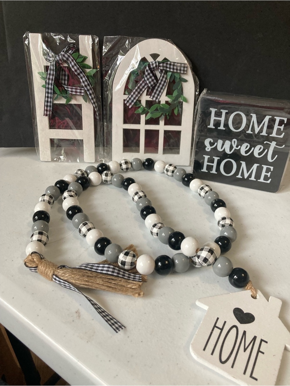Farmhouse Black & White HOME Bead Garland with Tassel - Shelf Decor Cottagecore
